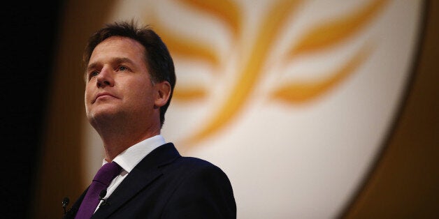 GLASGOW, SCOTLAND - SEPTEMBER 18: British Deputy Prime Minister and Leader of the Liberal Democrats Nick Clegg delivers his key-note speech to delegates at the end of the Liberal Democrat Autumn Party Conference at the SECC, Scottish Exhibition and Conference Centre on September 18, 2013 in Glasgow, Scotland. At the end of the five day event, the party leader brought the conference to a close with his keynote speech, rallying his party and insisting that they support the coalition government in order to keep the country on the right path. (Photo by Dan Kitwood/Getty Images)