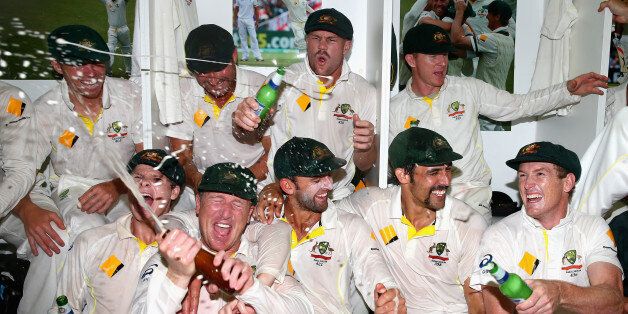 PERTH, AUSTRALIA - DECEMBER 17: The Australian team celebrates victory in the change rooms during day five of the Third Ashes Test Match between Australia and England at WACA on December 17, 2013 in Perth, Australia. (Photo by Ryan Pierse/Getty Images)