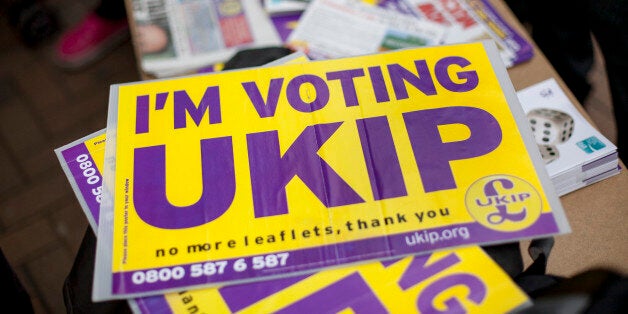 CROYDON, ENGLAND - MAY 20: A UKIP party poster outside Whitgift Shopping Centre in Croydon on May 20, 2014 in Croydon, England. Mr Farage was due to attend the UKIP mini carnival in Croydon High Street but pulled out at the last minute. Designed to show diversity within his party organisers said his no show was due to fears for his safety. (Photo by Dan Dennison/Getty Images)