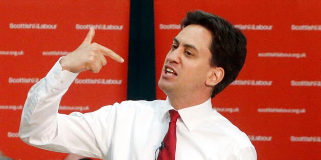 Labour Leader Ed Miliband during a public meeting with local community activists and undecided voters at the Isa Money Centre in Motherwell, Scotland.