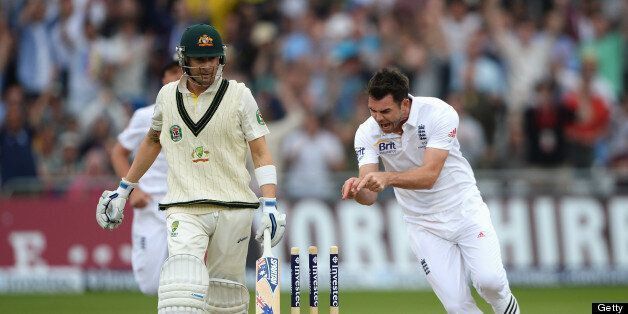 NOTTINGHAM, ENGLAND - JULY 10: James Anderson of England celebrates the wicket of Michael Clarke, captain of Australia during day one of the 1st Investec Ashes Test match between England and Australia at Trent Bridge Cricket Ground on July 10, 2013 in Nottingham, England. (Photo by Gareth Copley/Getty Images)