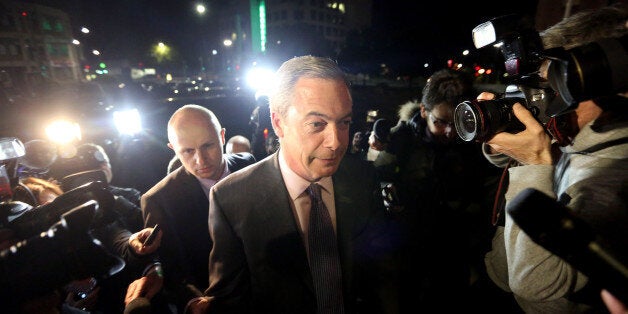 UKIP leader, Nigel Farage talks to the press prior to the UKIP rally for the European elections, held in Edinburghs' Corn Exchange venue. Friday, 9th Mat 2014.