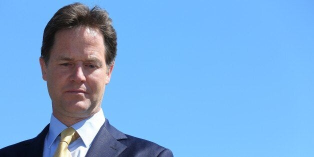 STOCKPORT, UNITED KINGDOM - MAY 21: Deputy Prime Minister Nick Clegg prior to giving a television interview during a visit to Hughes Safety Showers on May 21, 2014 in Stockport, England. Politicians from all the main parties are busy during the final day of campaigning before polls open for the European Parliament election tomorrow. (Photo by Dave Thompson/Getty Images)