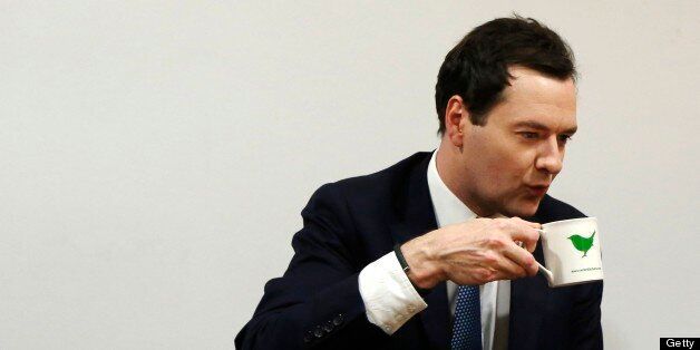 LONDON, ENGLAND - JUNE 19: Britain's Chancellor of the Exchequer George Osborne enjoys a tea during a visit to a branch of LloydsTSB bank on June 19, 2013 in London, England. The Chancellor, is expected to outline the government's plans for the future of banks Lloyds and Royal Bank of Scotland during a speech at the Lord Mayor's Bankers and Merchants Dinner at Mansion House later. (Luke MacGregor - WPA Pool/Getty Images)