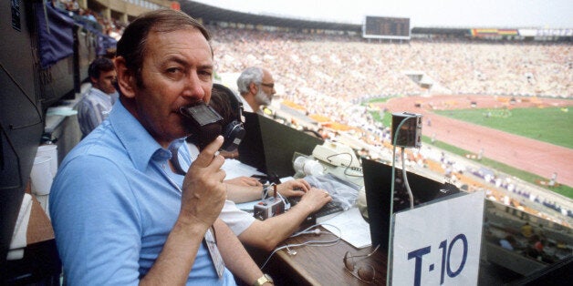 BBC commentator David Coleman in the Lenin Stadium, Moscow.