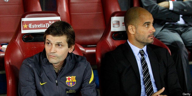 MADRID, SPAIN - MAY 25: Head coach Pep Guardiola (R) of Barcelona looks on beside his assistant Tito Vilanova during the Copa del Rey Final match between Athletic Bilbao and Barcelona at Vicente Calderon Stadium on May 25, 2012 in Madrid, Spain. (Photo by Angel Martinez/Getty Images)