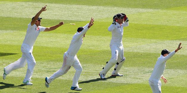 MELBOURNE, AUSTRALIA - DECEMBER 27: Jonny Bairstow of England celebrates with team-mates after taking a catch to dismiss George Bailey of Australia during day two of the Fourth Ashes Test Match between Australia and England at Melbourne Cricket Ground on December 27, 2013 in Melbourne, Australia. (Photo by Robert Prezioso/Getty Images)