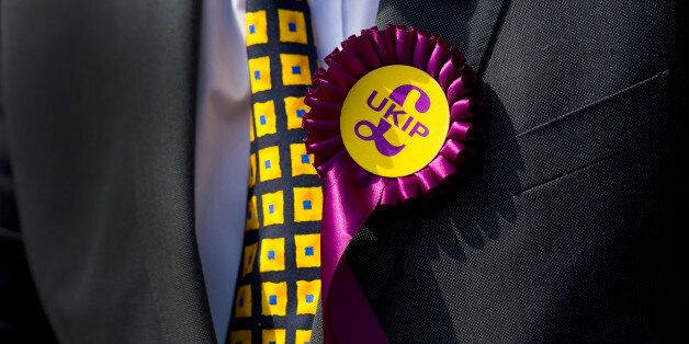 A UKIP supporter wears a rosette during UKIP leader Nigel Farage's visit on April 30, 2014 in Swansea, Wales. The UKIP leader's walkabout in the city centre was cancelled due to security concerns . Nigel Farage visited Swansea as part of the UKIP tour ahead of next month's European elections. (Photo by Matthew Horwood/Getty Images)