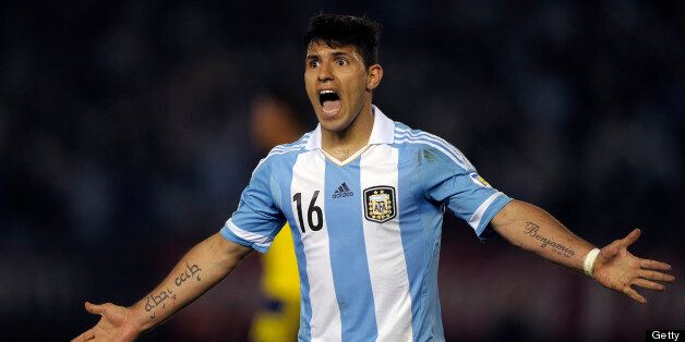 Argentina's Sergio Aguero gestures during the FIFA World Cup Brazil 2014 qualifying match against Colombia at the Monumental stadium in Buenos Aires, on June 7, 2013. AFP PHOTO / Alejandro PAGNI (Photo credit should read ALEJANDRO PAGNI/AFP/Getty Images)