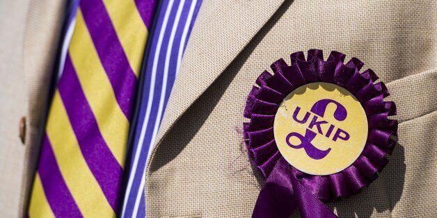 A supporter of the UK Independence Party (UKIP) wears the party's a rosette, badge and tie as he waits to greet leader Nigel Farage in Thurrock in Essex, on May 23, 2014. Britain's UK Independence Party surged to its best ever performance in local council elections, according to results announced, giving the anti-EU and anti-immigration group hope for a similar breakthrough in European parliament polls. AFP PHOTO/CARL COURT (Photo credit should read CARL COURT/AFP/Getty Images)