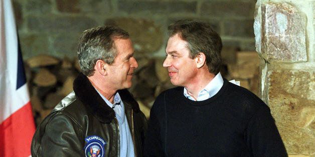 THURMONT, UNITED STATES: (FILES) -- File picture dated 23 February 2001 shows British Prime Minister Tony Blair (R) shaking hands with US President George W. Bush after a joint press conference in Thurmont, Maryland, down the road from the presidential retreat Camp David. Blair announced 10 May 2007 his resignation after a decade in powerr, saying he will stand down at the end of June. He told party suporters in his constituency of Sedgefield that he would step down as Labour leader, and therefo