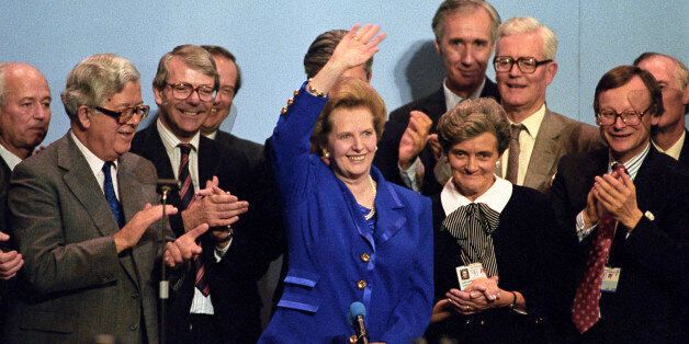 Margaret Thatcher at the end of the Conservative Party conference with Dame Margaret Fry, Chairman of the Conference, and the Prime Minister's Cabinet.