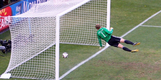 BLOEMFONTEIN, SOUTH AFRICA - JUNE 27: Manuel Neuer of Germany watches the ball bounce over the line from a shot that hit the crossbar from Frank Lampard of England, but referee Jorge Larrionda judges the ball did not cross the line during the 2010 FIFA World Cup South Africa Round of Sixteen match between Germany and England at Free State Stadium on June 27, 2010 in Bloemfontein, South Africa. (Photo by Cameron Spencer/Getty Images)