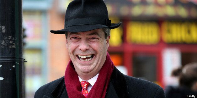 EASTLEIGH, HAMPSHIRE - FEBRUARY 22: UKIP Leader Nigel Farage laughs as he helps campaign for the forthcoming by-election on February 22, 2013 in Eastleigh, Hampshire. The by-election is being fought for the former seat of ex-Liberal Democrat MP Chris Huhne and will be held on February 28, 2013. (Photo by Matt Cardy/Getty Images)