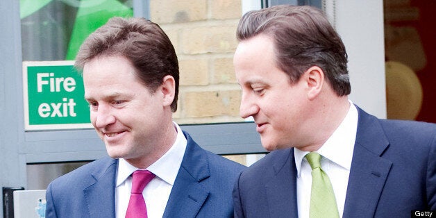 LONDON, ENGLAND - MARHC 19: British Prime Minister David Cameron and Deputy Prime Minister Nick Clegg visit Wandsworth Day Nursery on March 19, 2013 in London, England. The government has pledged up to £1,200 a year in government support for childcare, which can be claimed back during the year for childcare costs by parents. (Photo by Jeremy Selwyn - WPA Pool/ Getty Images)