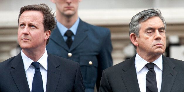 David Cameron and Gordon Brown at a national service of commemoration to mark the 65th anniversary of Victory in Europe Day (VE Day) on Saturday 8 May at the Cenotaph, Whitehall, London.