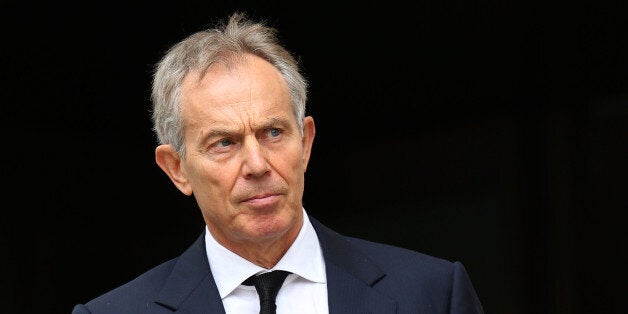 Former Prime Minister Tony Blair leaves the Ceremonial funeral of former British Prime Minister Baroness Thatcher at St Paul's Cathedral.