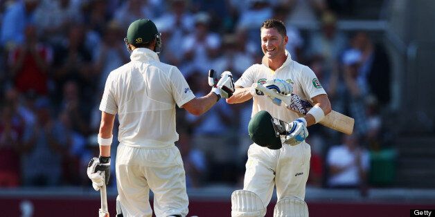 MANCHESTER, ENGLAND - AUGUST 01: Michael Clarke of Australia celebrates his century with Steve Smith during day one of the 3rd Investec Ashes Test match between England and Australia at Old Trafford Cricket Ground on August 1, 2013 in Manchester, England. (Photo by Michael Steele/Getty Images)