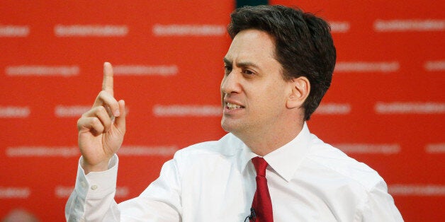 Labour Leader Ed Miliband during a public meeting with local community activists and undecided voters at the Isa Money Centre in Motherwell, Scotland.