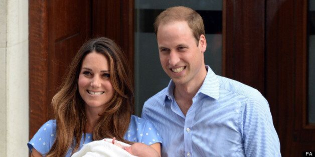 Prince William, Duke of Cambridge and Catherine, Duchess of Cambridge leave the Lindo Wing of St. Mary's hospital with their newborn baby son