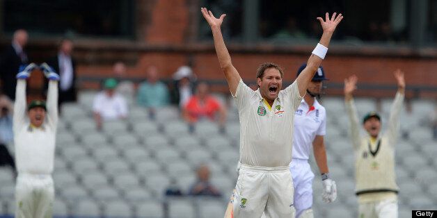 Australia's Ryan Harris (3rd R) celebrates after claiming the wicket of England's Alastair Cook (2nd R) during the fifth day of the third Ashes cricket test match between England and Australia at Old Trafford in Manchester, north-west England, on August 5, 2013. AFP PHOTO/ANDREW YATES RESTRICTED TO EDITORIAL USE. NO ASSOCIATION WITH DIRECT COMPETITOR OF SPONSOR, PARTNER, OR SUPPLIER OF THE ECB (Photo credit should read ANDREW YATES/AFP/Getty Images)