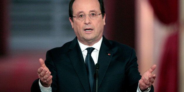 PARIS, FRANCE - JANUARY 14: French president Francois Hollande speaks during a press conference to present his 2014 policy plans at the Elysee presidential palace on January 14, 2014, in Paris, France. (Photo by Chesnot/WireImage)
