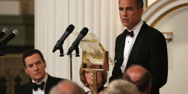 LONDON, ENGLAND - JUNE 12: Mark Carney, Governor of the Bank of England, speaks at the 'Lord Mayor's Dinner to the Bankers and Merchants of the City of London' as Chancellor of the Exchequer, George Osborne, looks on at the Mansion House on June 12, 2014 in London, England. In his keynote speech the Chancellor is announcing new measures to tackle 'the unacceptable behaviour of the few and ensure that markets are fair for the many who depend on them'. (Photo by Peter Macdiarmid - WPA Pool /Gett