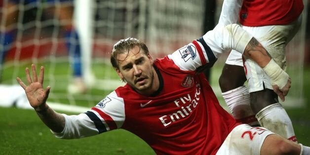 Arsenal's Nicklas Bendtner celebrates scoring during the Barclays Premier League match at the Emirates Stadium, London.