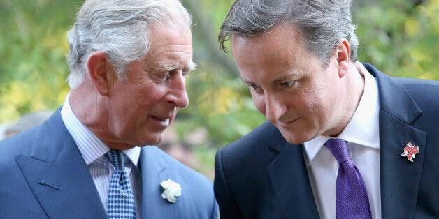 Prime Minister David Cameron and the Prince of Wales chat during a reception for delegates of the Global Investment Conference in the garden of Clarence House, London.