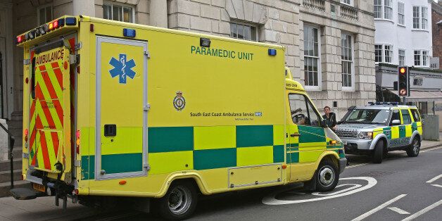 An ambulance leaves Lewes Crown Court, East Sussex with Jim Forrest the father of Jeremy Forrest after he collapsed in the court house while waiting for his son's trial to restart.