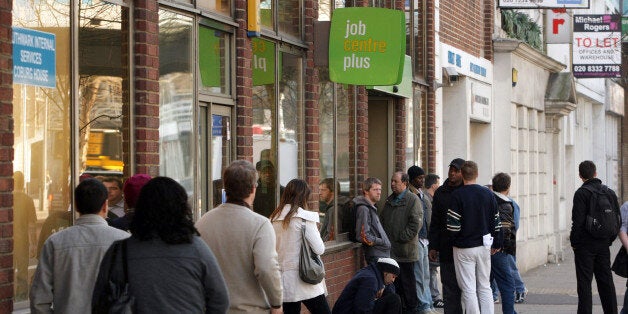 LONDON, ENGLAND - MARCH 18: Job seekers queue outside a Jobcentre Plus branch in London Bridge on March 18, 2009 in London. The number of people out of work in the UK in January 2009 stands at 2.03 million, the highest has been for the past 11 years. Both the British Chambers of Commerce and CBI have predicted UK unemployment will exceed three million during 2010. (Photo by Oli Scarff/Getty Images)