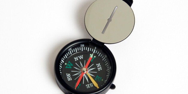 Travel, Navigation, Map Reading, Sighting compass with dial pointing to magnetic north on a white background.