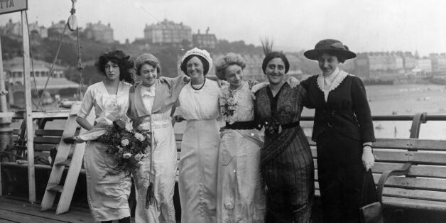 Contestants in an International Beauty Show from; left to right, Misses England, France, Denmark, Germany, Italy and Spain, on Folkestone Pier. (Photo by Topical Press Agency/Getty Images)