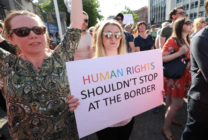 A People Before Profit protest calling for provision of Abortion in Northern Ireland, at Belfast City Hall in 2018. 
