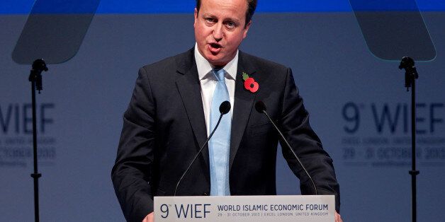 British Prime Minister David Cameron addresses delegates at the 9th World Islamic Economic Forum in London on October 29, 2013. It is the first time that Forum has been held outside a Muslim country. AFP PHOTO / ANDREW COWIE (Photo credit should read ANDREW COWIE/AFP/Getty Images)