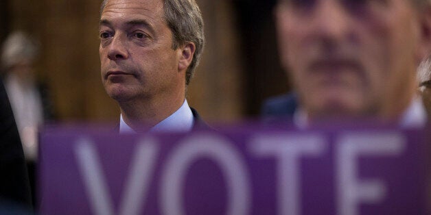 NEWARK UPON TRENT, ENGLAND - JUNE 06: Nigel Farage, leader of the UK Independence Party (UKIP), waits in Kelham Hall, home to Newark and Sherwood District Council, as the Conservative candidate Robert Jenrick is declared the Member of Parliament for Newark in the by-election on June 6, 2014 near Newark-on-Trent, England. Voters in the constituency of Newark have gone to the polls in parliamentary by-election brought about by the resignation of Conservative MP Patrick Mercer who held a majority