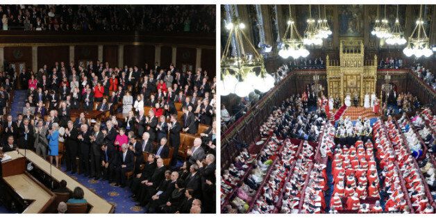 Barack Obama addressing Congress (left) and the Queen addressing Parliament (right)