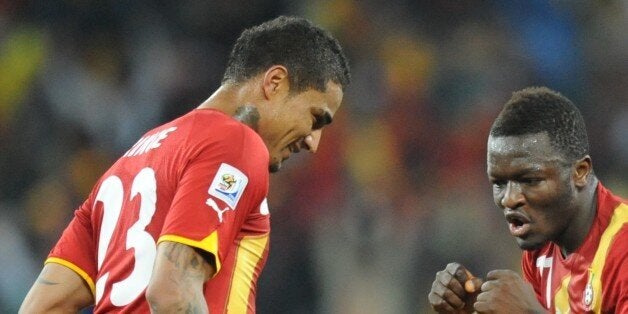 Ghana's midfielder Kwadwo Asamoah (21), Ghana's striker Kevin-Prince Boateng (L), Ghana's defender Ibrahim Ayew (17) celebrate after Ghana's midfielder Sulley Muntari scored during the 2010 World Cup quarter final Uruguay vs Ghana on July 2, 2010 at Soccer City stadium in Soweto, suburb of Johannesburg. NO PUSH TO MOBILE / MOBILE USE SOLELY WITHIN EDITORIAL ARTICLE AFP PHOTO / RODRIGO ARANGUA (Photo credit should read RODRIGO ARANGUA/AFP/Getty Images)