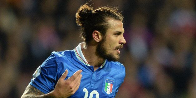COPENHAGEN, DENMARK - OCTOBER 11: Pablo Daniel Osvaldo of Italy celebrates after scoring the opening goal of the FIFA 2014 World Cup qualifier between Denmark and Italy on October 11, 2013 in Copenhagen, Denmark. (Photo by Claudio Villa/Getty Images)