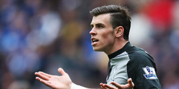 WIGAN, ENGLAND - APRIL 27: Gareth Bale of Tottenham Hotspur reacts during the Premier League match between Wigan Athletic and Tottenham Hotspur at the DW Stadium on April 27, 2013 in Wigan, England. (Photo by Richard Heathcote/Getty Images)