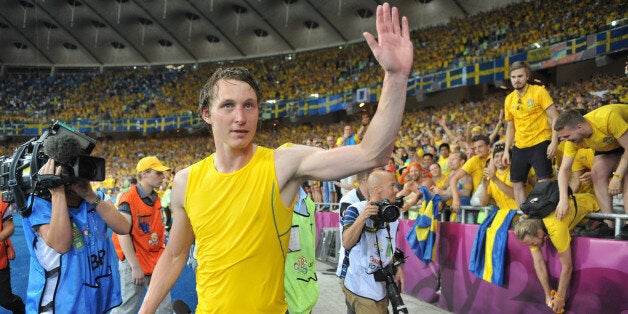 Swedish midfielder Kim Källström celebrates after winning the Euro 2012 football championships match Sweden vs France on June 19, 2012 at the Olympic Stadium in Kiev. AFP PHOTO / GENYA SAVILOV (Photo credit should read GENYA SAVILOV/AFP/GettyImages)