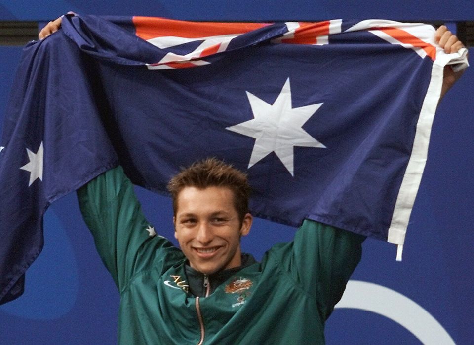 Australian swimmer Ian Thorpe displays the Austral