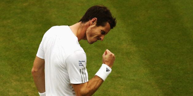 LONDON, ENGLAND - JUNE 30: Andy Murray of Great Britain celebrates during his Gentlemen's Singles fourth round match against Kevin Anderson of South Africa on day seven of the Wimbledon Lawn Tennis Championships at the All England Lawn Tennis and Croquet Club on June 30, 2014 in London, England. (Photo by Dan Kitwood/Getty Images)