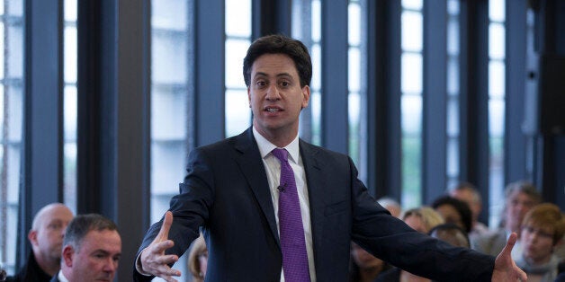 PURFLEET, ENGLAND - MAY 27: Ed Miliband, the leader of the Labour Party, addresses an audience at 'The Backstage Centre' on May 27, 2014 in Purfleet, England. Mr Miliband spoke on his strategy for rebuilding trust in politics following the local council and European elections which saw a surge in support for the UK Independence Party. (Photo by Oli Scarff/Getty Images)