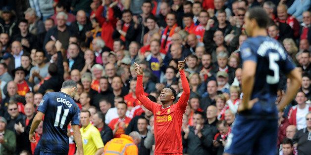 LIVERPOOL, ENGLAND - SEPTEMBER 01: (THE SUN OUT & THE SUN ON SUNDAY OUT) Daniel Sturridge of Liverpool celebrates his goal during the Barclays Premier League match between Liverpool and Manchester United at Anfield on September 01, 2013 in Liverpool, England. (Photo by Andrew Powell/Liverpool FC via Getty Images)