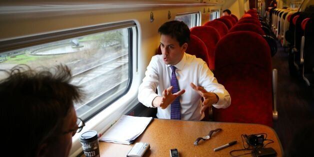 Labour Leader Ed Miliband during an interview as he travels by train to Stockport, Cheshire as he joins the campaign trail for the Wythenshawe and Sale East by-election that's taking place on February 13.