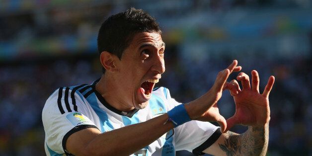 SAO PAULO, BRAZIL - JULY 01: Angel di Maria of Argentina celebrates scoring his team's first goal in extra time during the 2014 FIFA World Cup Brazil Round of 16 match between Argentina and Switzerland at Arena de Sao Paulo on July 1, 2014 in Sao Paulo, Brazil. (Photo by Julian Finney/Getty Images)