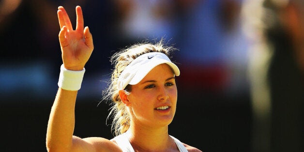 LONDON, ENGLAND - JULY 03: Eugenie Bouchard of Canada celebrates after winning her Ladies' Singles semi-final match against Simona Halep of Romania on day ten of the Wimbledon Lawn Tennis Championships at the All England Lawn Tennis and Croquet Club on July 3, 2014 in London, England. (Photo by Al Bello/Getty Images)