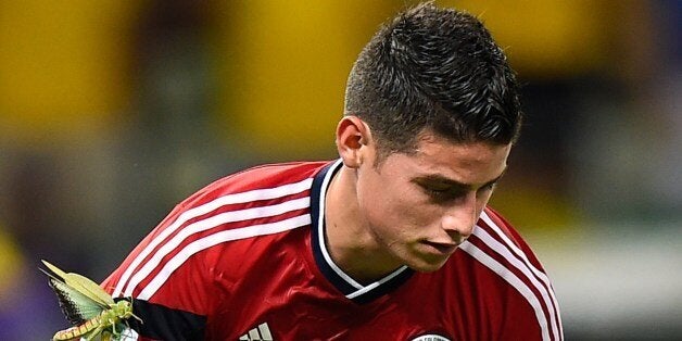 Colombia's midfielder James Rodriguez celebrates with a locust on his arm after scoring during the quarter-final football match between Brazil and Colombia at the Castelao Stadium in Fortaleza during the 2014 FIFA World Cup on July 4, 2014. AFP PHOTO / FABRICE COFFRINI (Photo credit should read FABRICE COFFRINI/AFP/Getty Images)