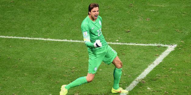 SALVADOR, BRAZIL - JULY 05: Goalkeeper Tim Krul of the Netherlands celebrates after making a save on a penalty kick by Bryan Ruiz of Costa Rica (not pictured) during a shootout in the 2014 FIFA World Cup Brazil Quarter Final match between the Netherlands and Costa Rica at Arena Fonte Nova on July 5, 2014 in Salvador, Brazil. (Photo by Laurence Griffiths/Getty Images)